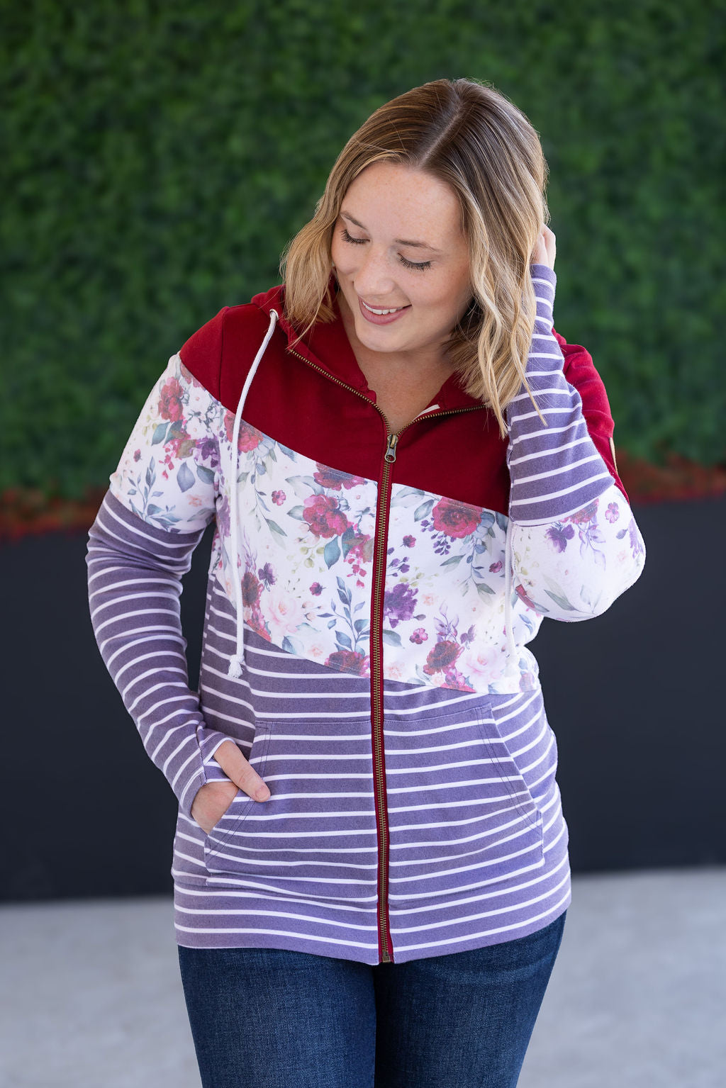 Colorblock Fullzip - Burgundy, Burgundy Bloom, and Plum Stripes