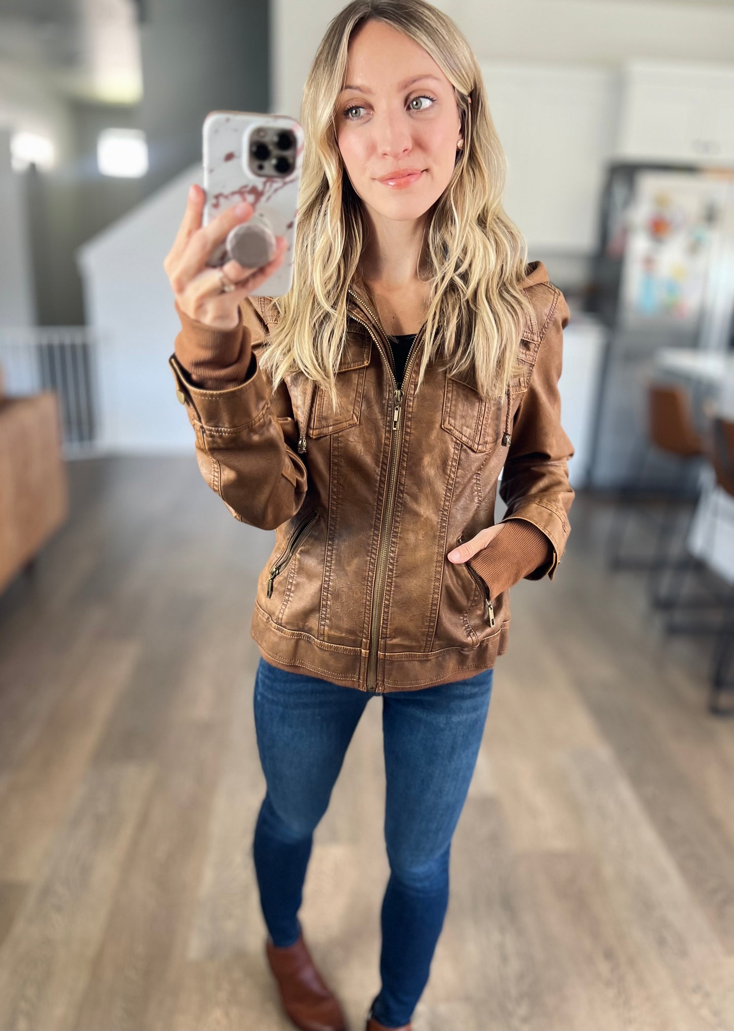 [camel] Hooded Vegan Leather Jacket