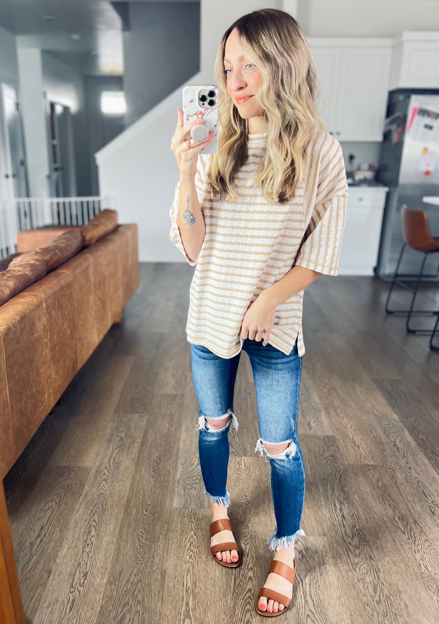 SHIPS FREE TODAY //  Textured Stripe Patchwork Detail Half Sleeve Top