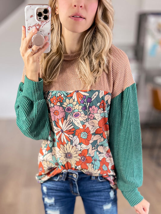 Lakin Ribbed Floral Color Block Top