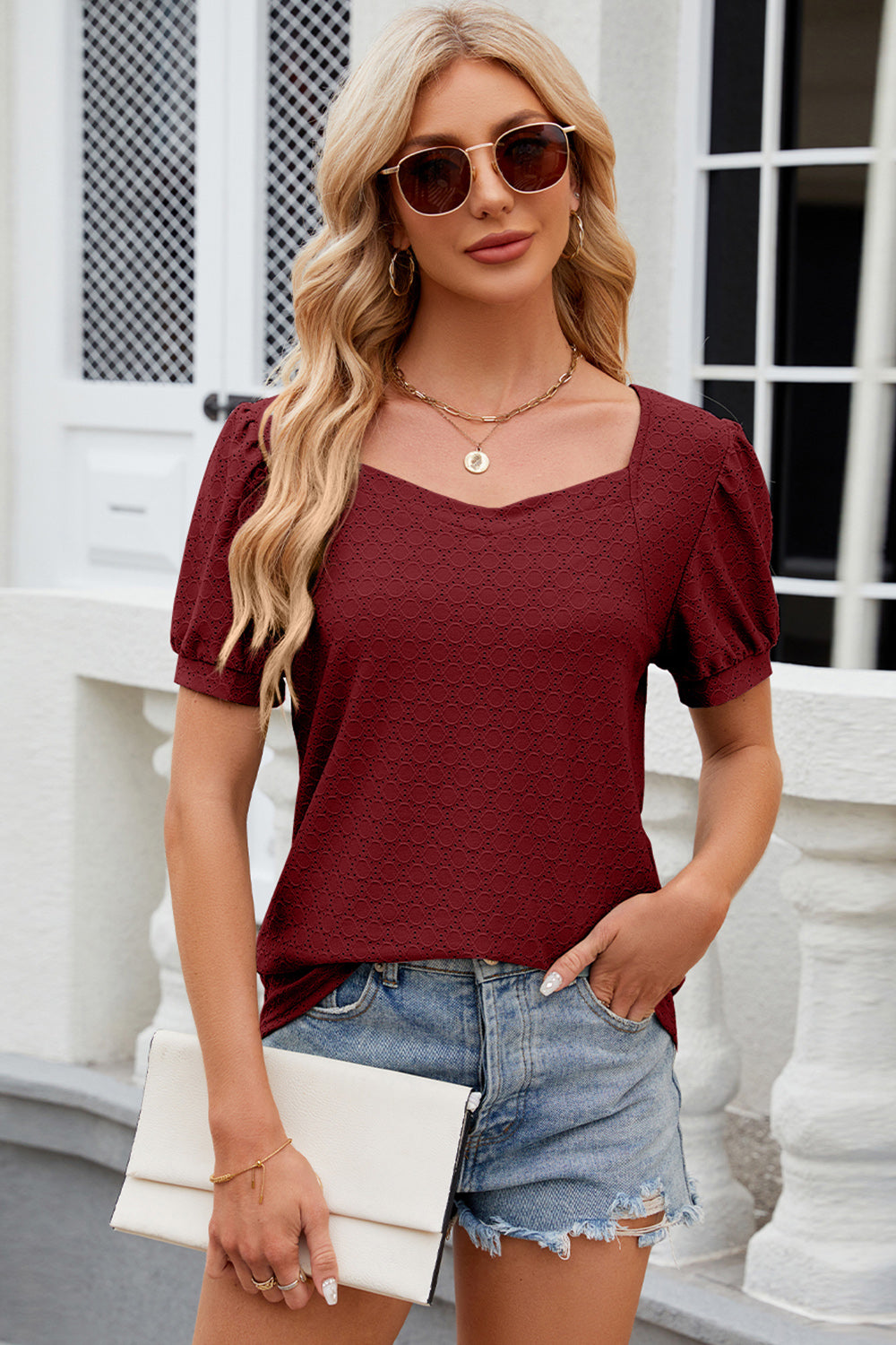 Sweetheart Neckline Eyelet Top