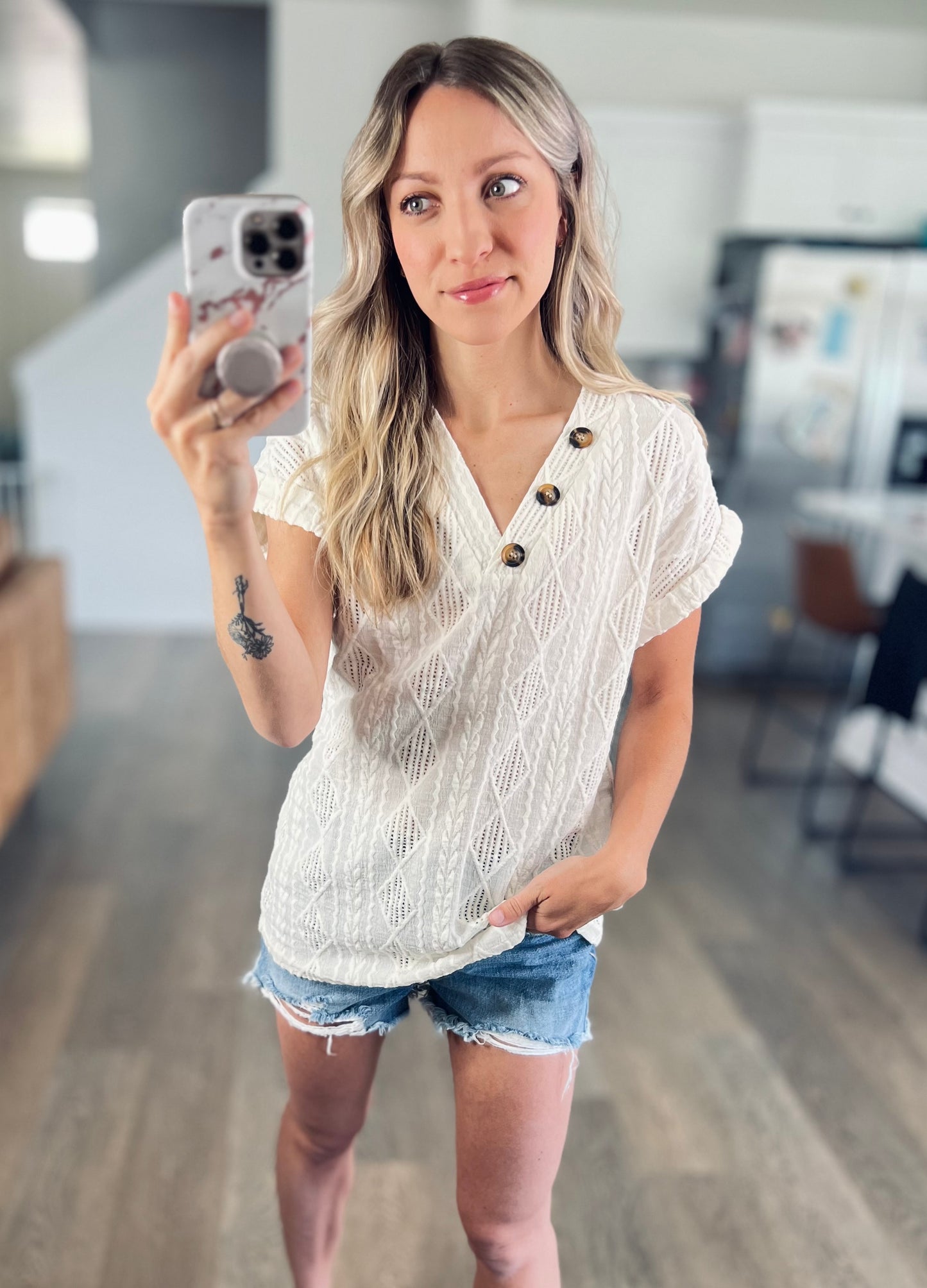 Olivia Openwork V-Neck Short Sleeve Button Top