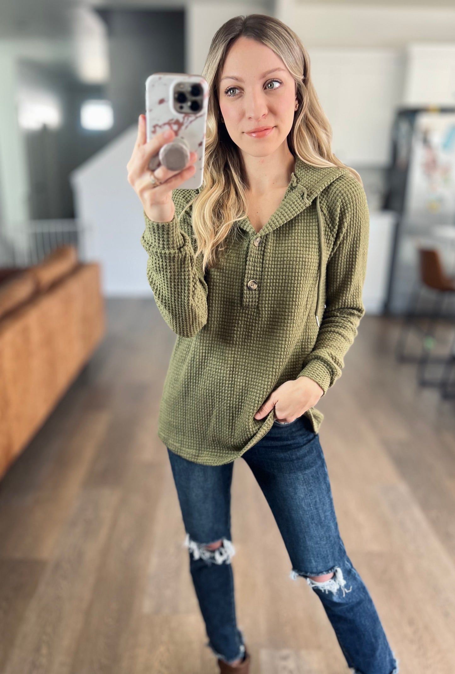 Waffle Knit Long Sleeve Drawstring Hooded Top