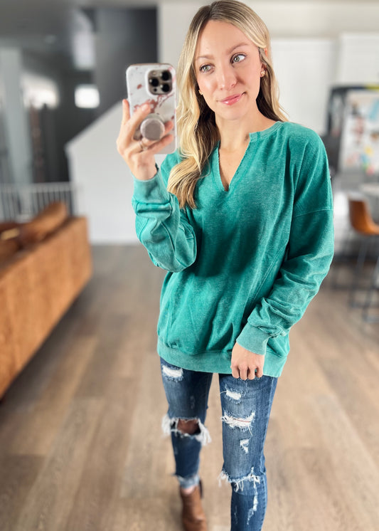 Notch Neck Pullover in Vintage Teal
