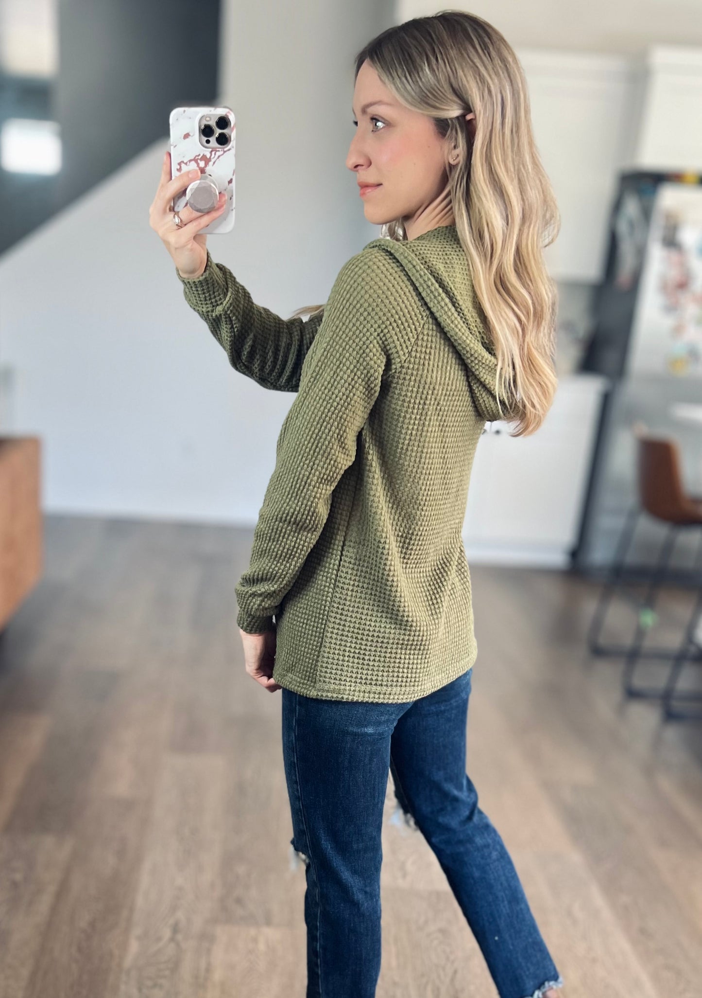 Waffle Knit Long Sleeve Drawstring Hooded Top