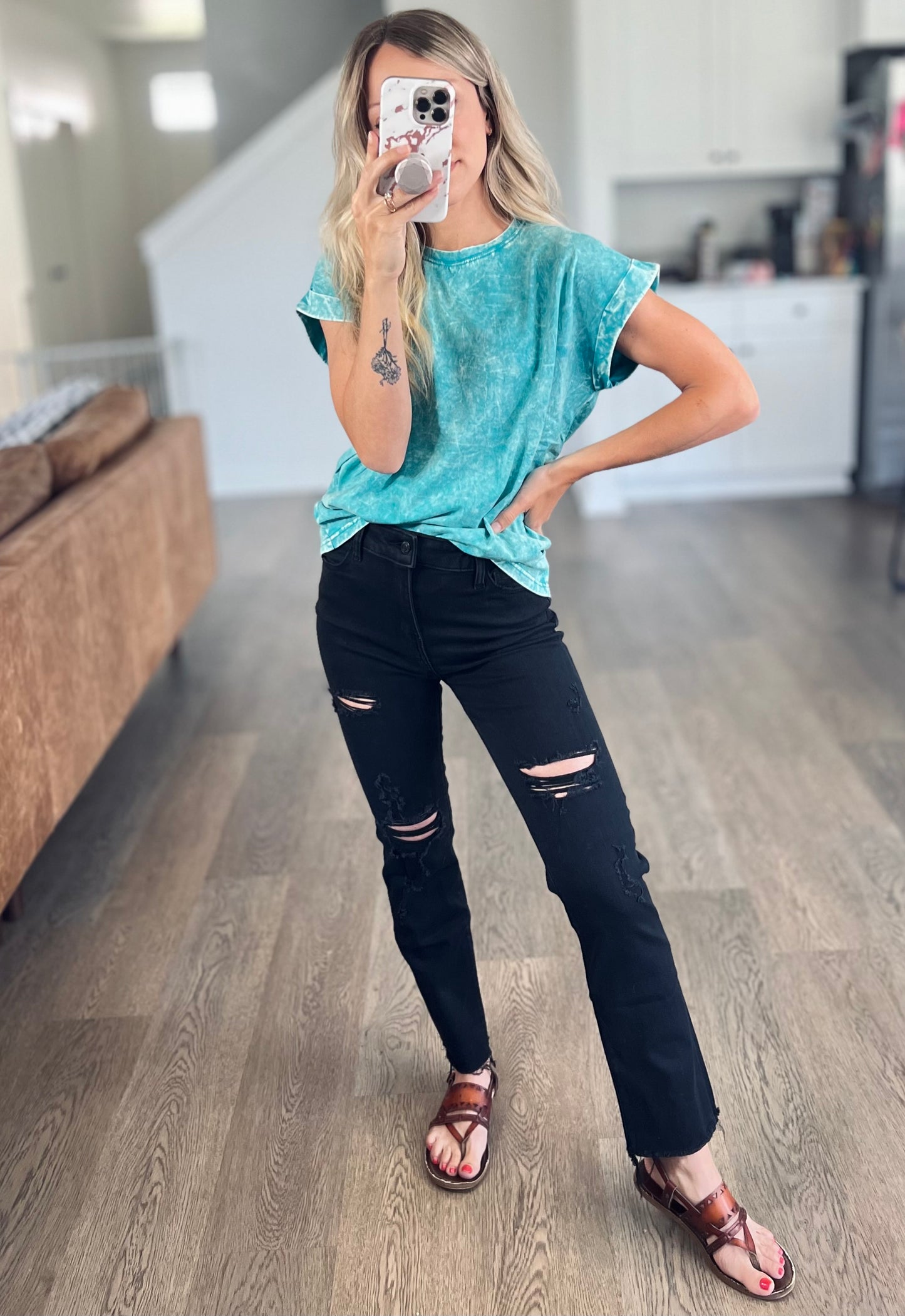 Crinkle Washed Round Neck Short Sleeve Tee in Teal