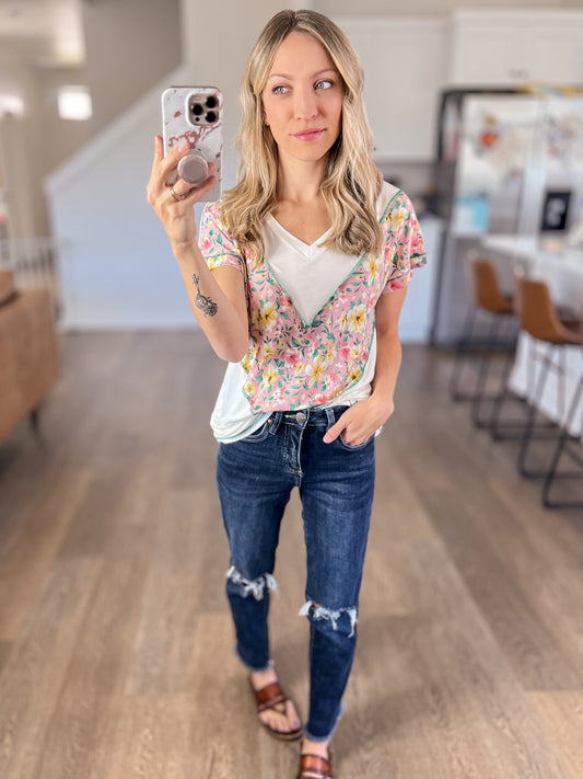 To Rock a Rhyme Color Block Top in Pink Floral