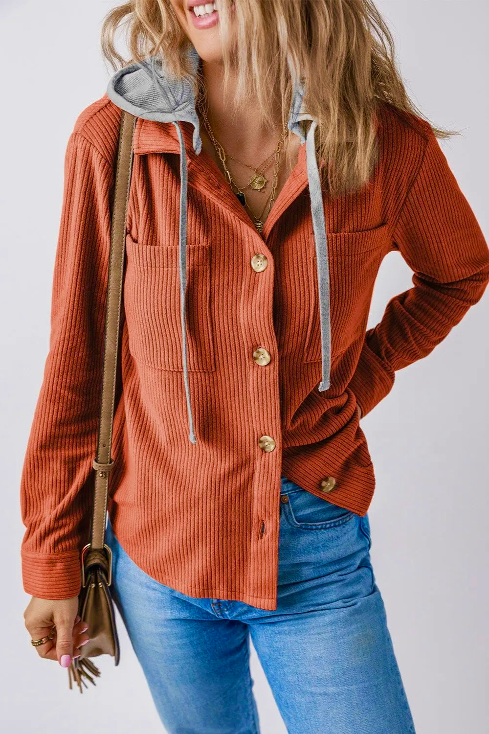 Cord Drawstring Button Up Hooded Shacket