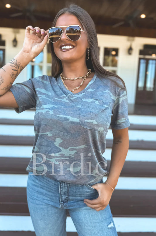 PREORDER: Soft Style V Neck Pocket Tee in Army Camo // eta Jan