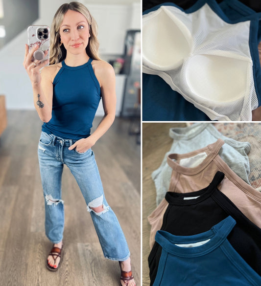 Skinny Rib Grecian Neck Built in Bra Tank