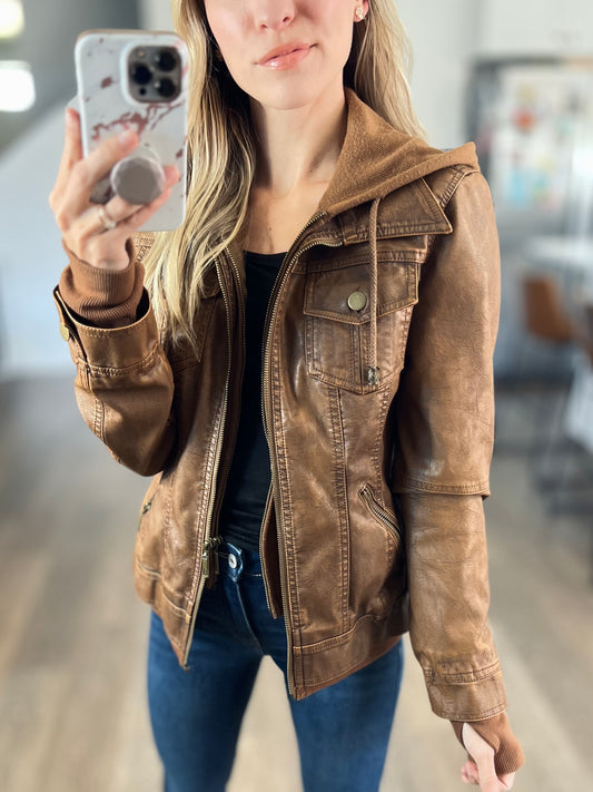 [camel] Hooded Vegan Leather Jacket