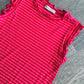 Ribbed Ruffle Trim Sleeveless Stripe Top in Ruby