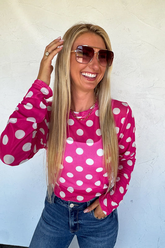 PREORDER: Pink & White Polka Dot Mesh Top// eta 2-3 weeks // limited stock