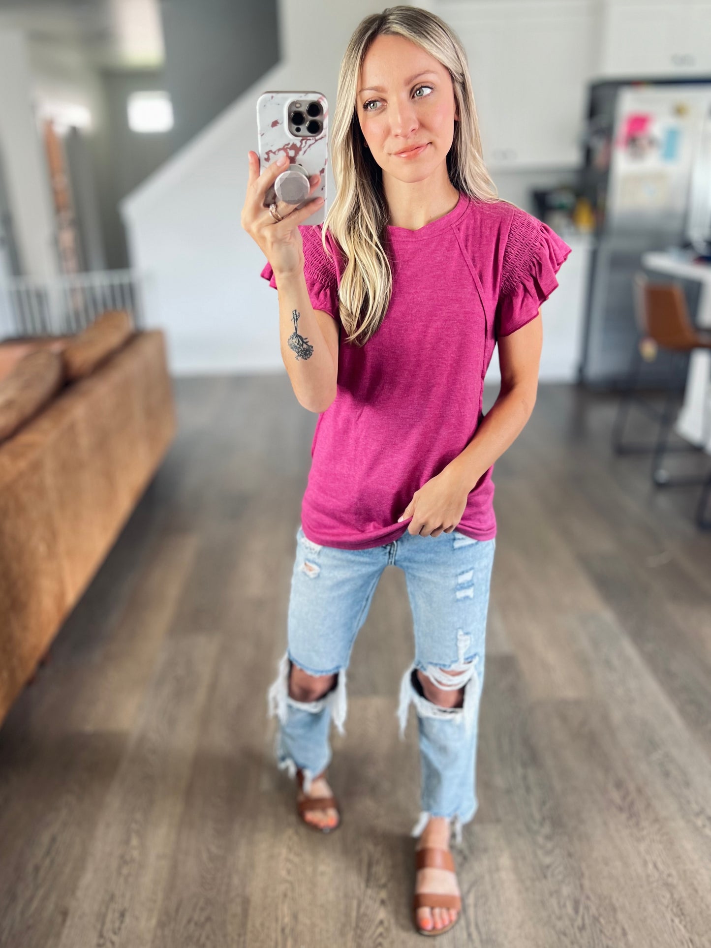 [6 colors] Ruffle Sleeve Round Neck Top