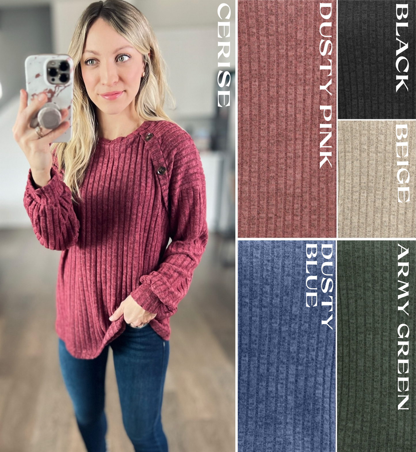 Mandy Decor Button Long Sleeve Ribbed T-Shirt