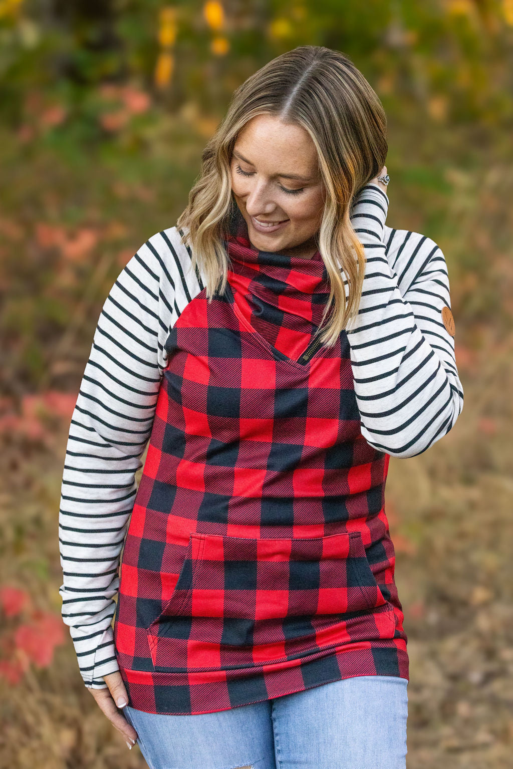 Zoey ZipCowl - Buffalo Plaid and Oatmeal Stripes