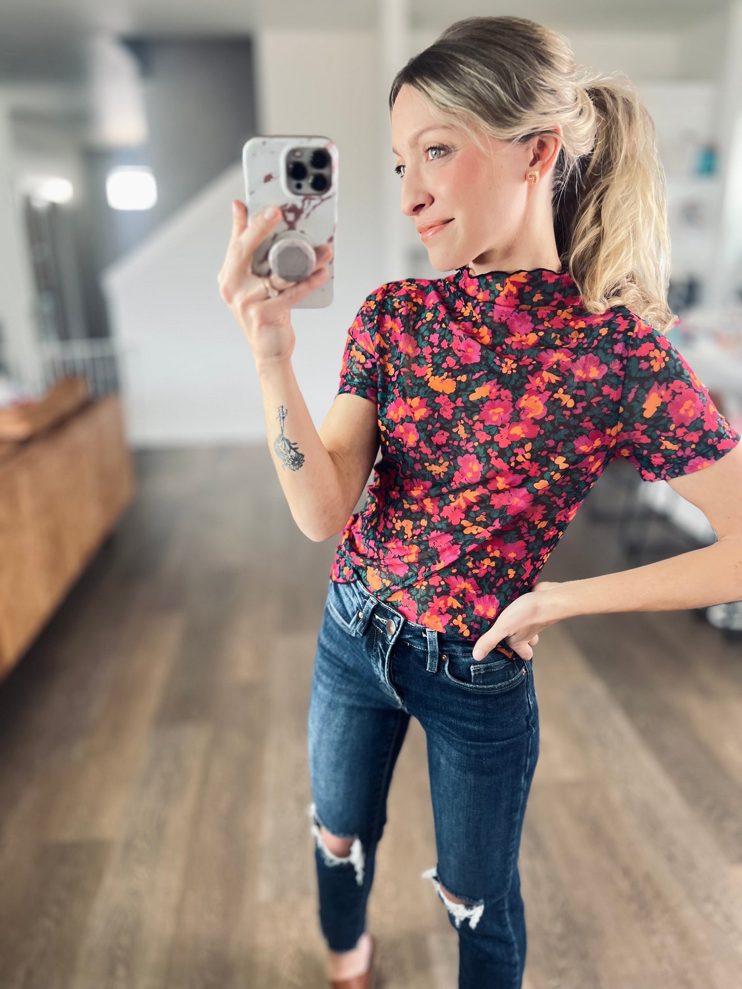 Rose Retro Floral Mesh Top