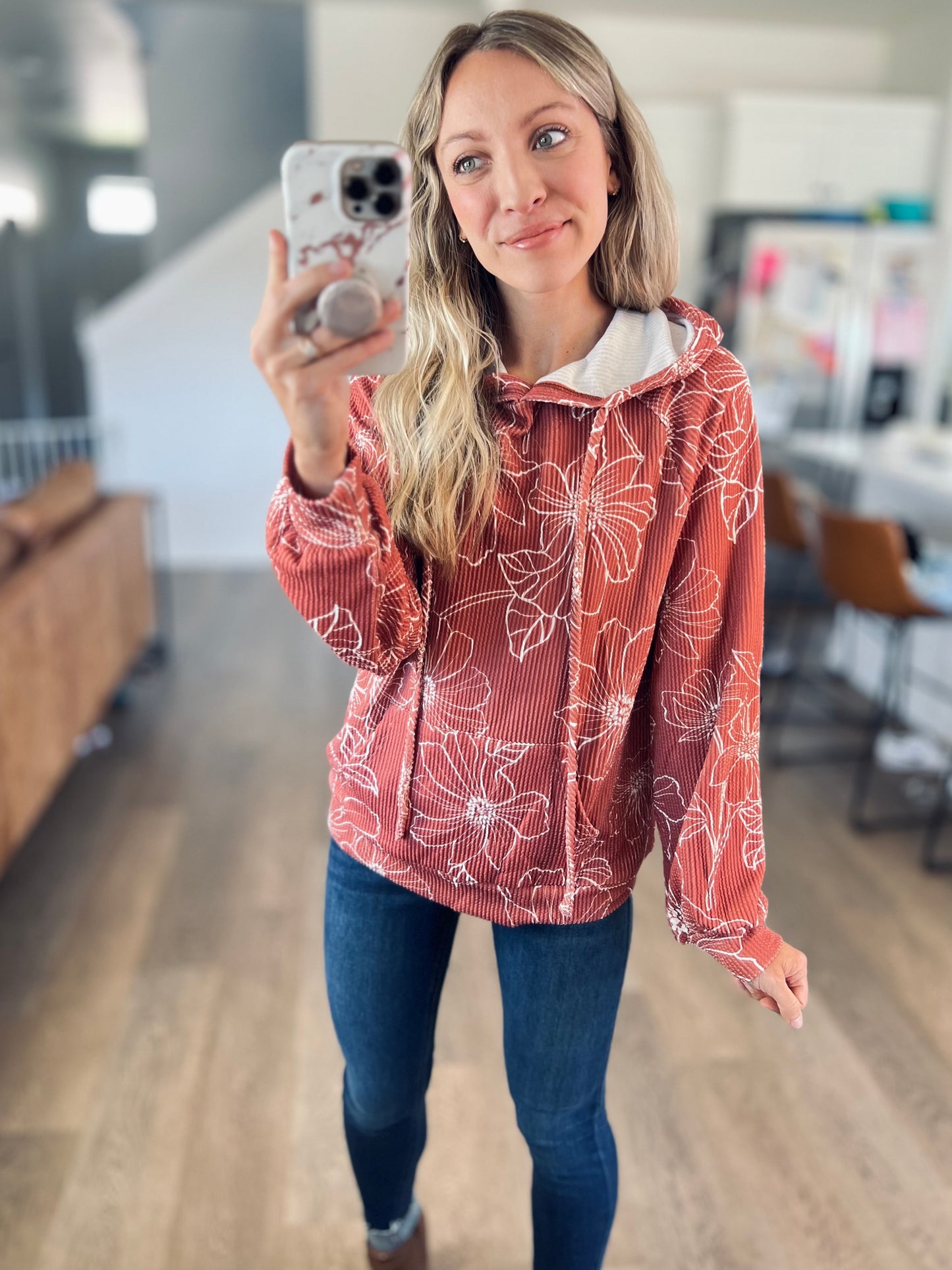 Maxine Floral Ribbed Hoodie in Rust