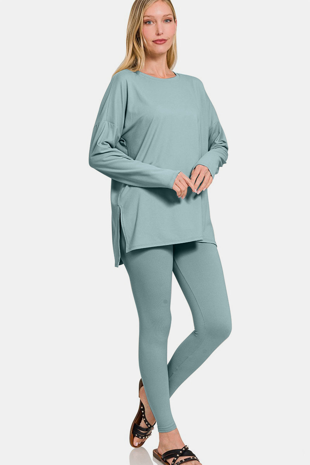 Full Size Brushed Microfiber Top and Leggings Lounge Set in Dusty Blue