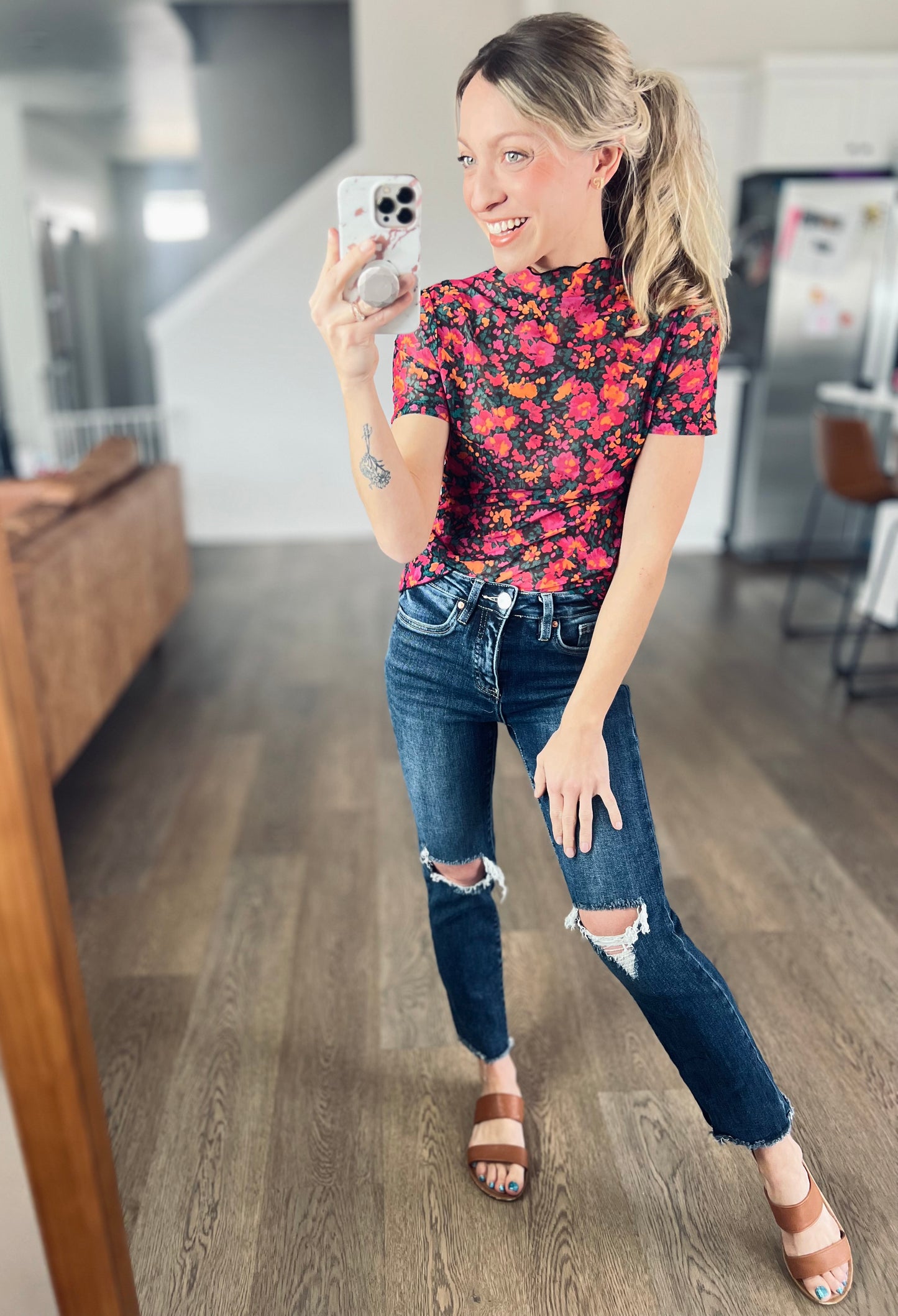 Rose Retro Floral Mesh Top