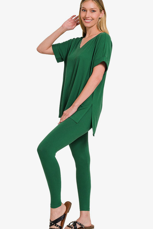 V-Neck Rolled T-Shirt & Leggings Lounge Set in Dark Green