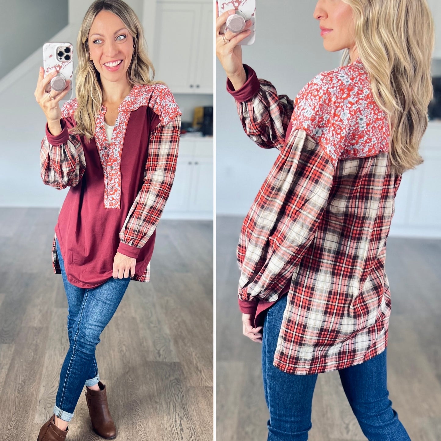 Floral Plaid Mixed Print Top