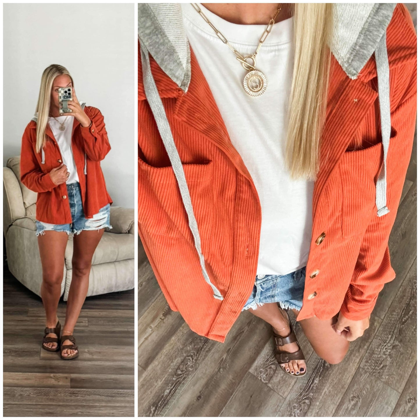 Cord Drawstring Button Up Hooded Shacket