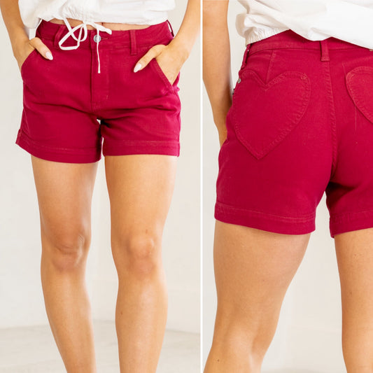Tummy Control Heart Shaped Denim Shorts in Scarlet - Judy Blue