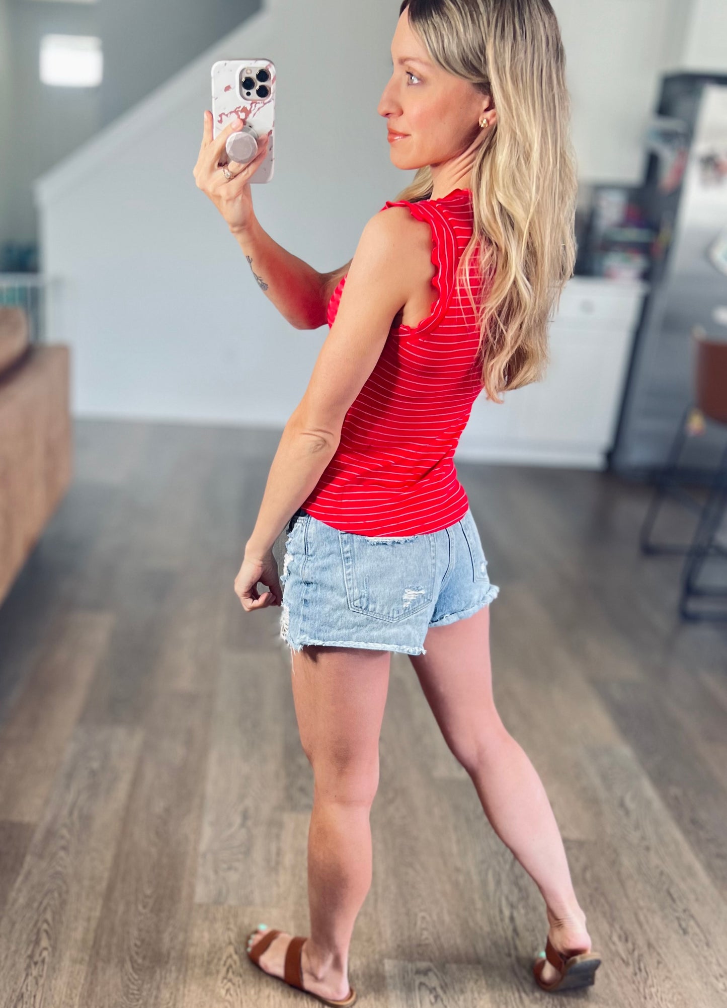 Ribbed Ruffle Trim Sleeveless Stripe Top in Ruby