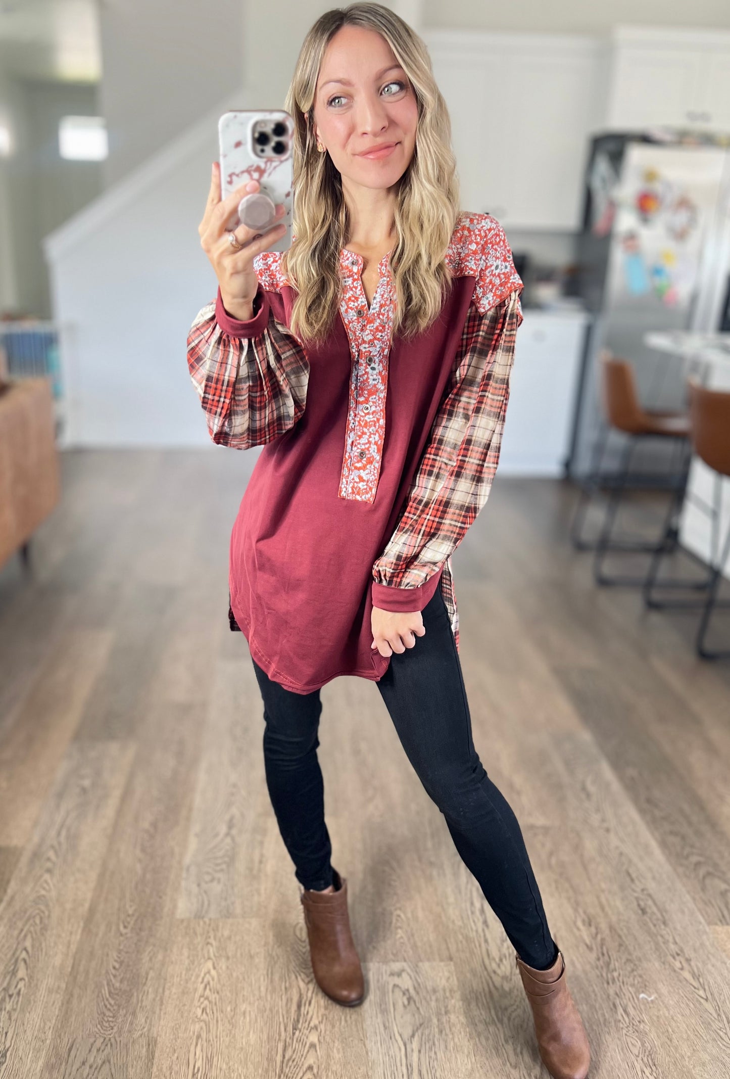 Floral Plaid Mixed Print Top