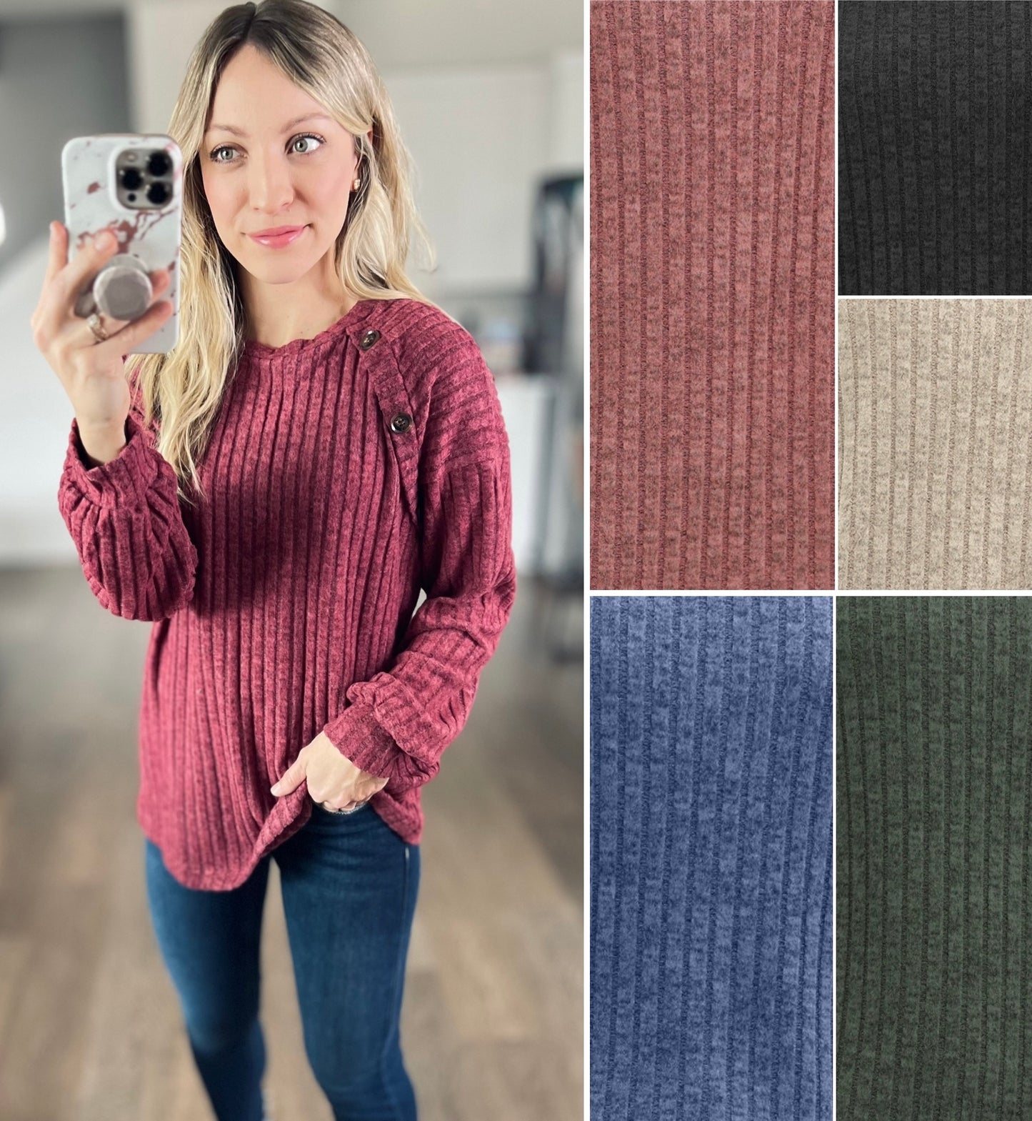 Mandy Decor Button Long Sleeve Ribbed T-Shirt