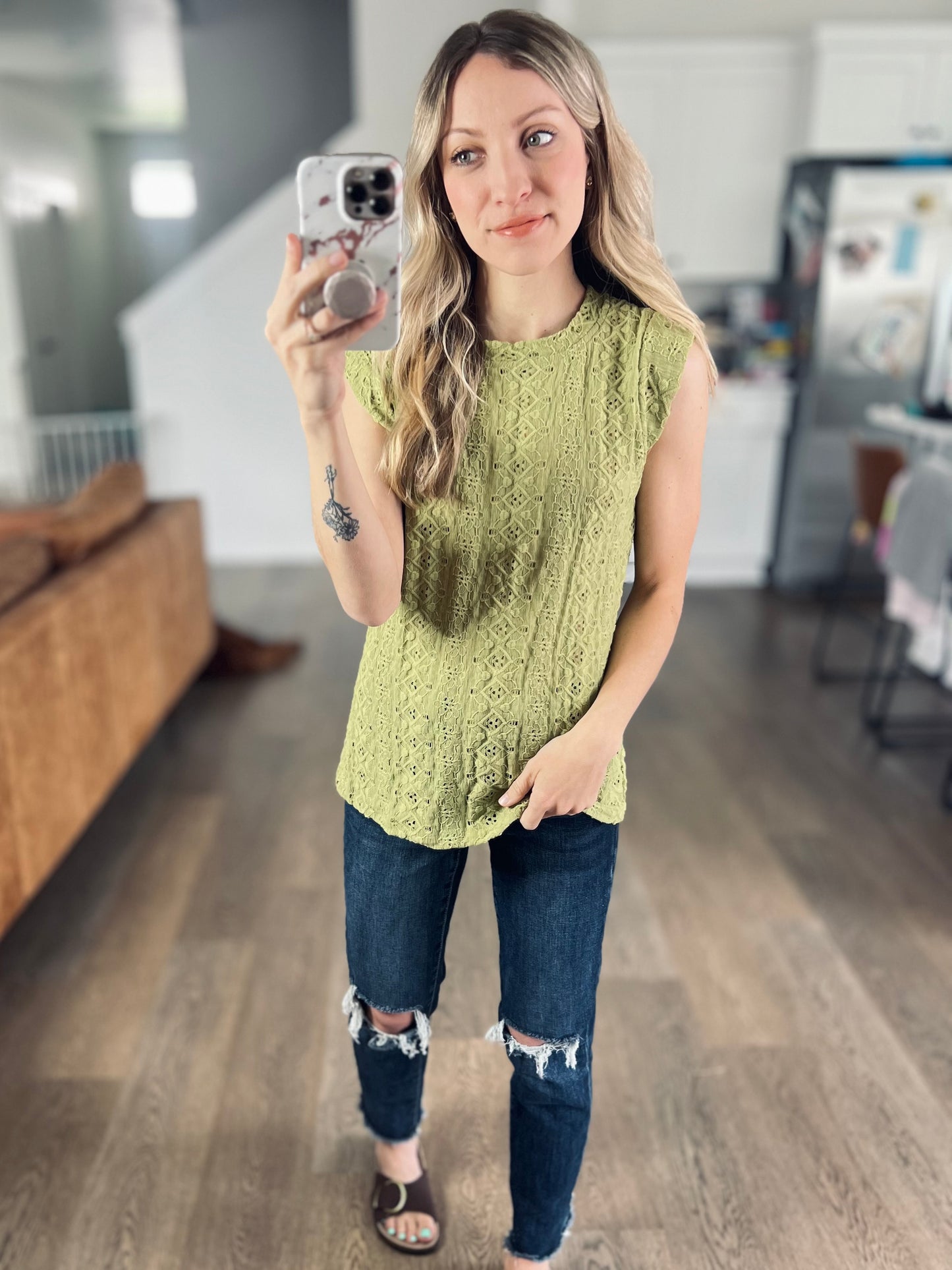 Eyelet Round Neck Cap Sleeve Top in Matcha Green