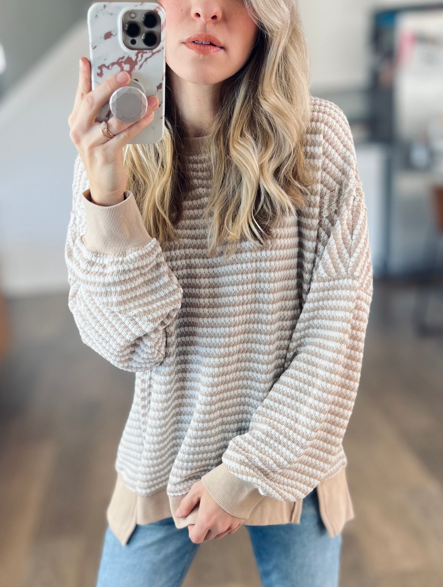 *free ship today* Relaxing Khaki Stripe Waffle Top