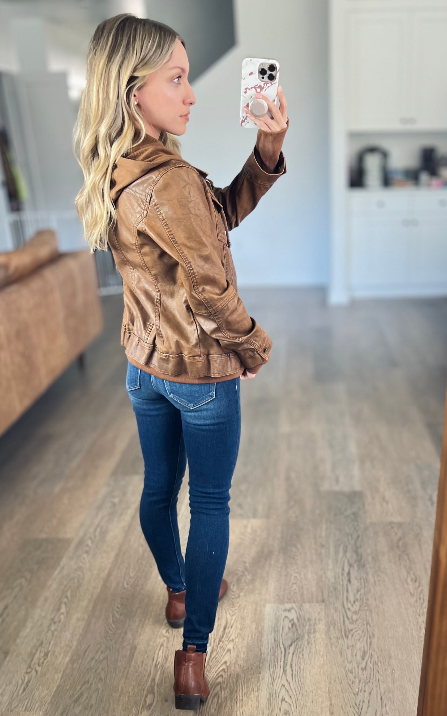 [camel] Hooded Vegan Leather Jacket