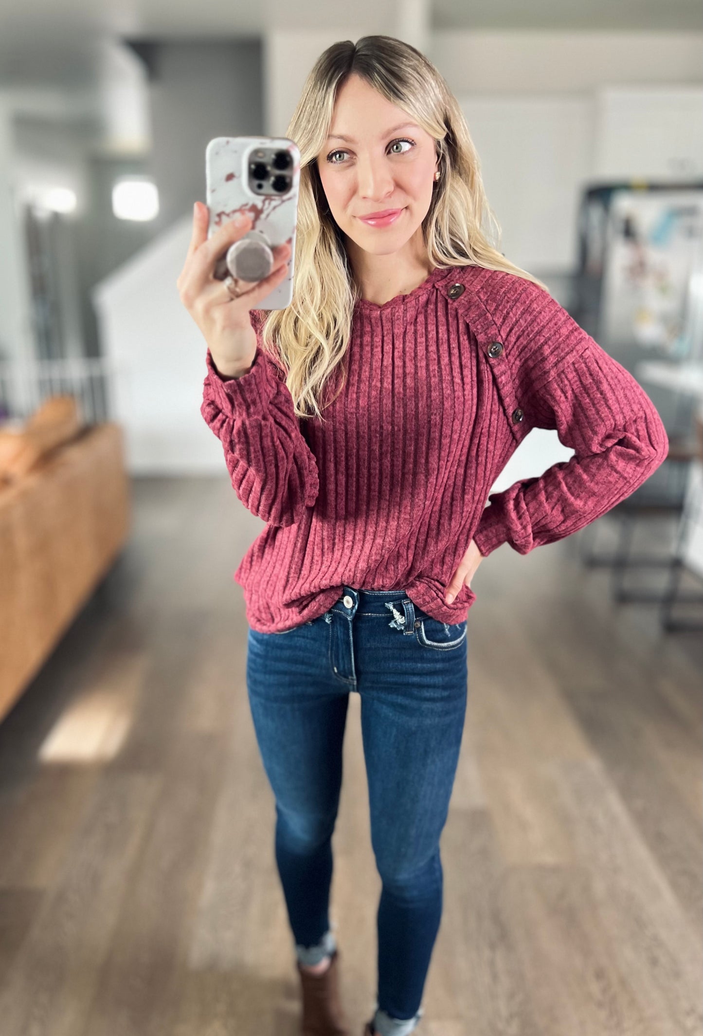 Mandy Decor Button Long Sleeve Ribbed T-Shirt