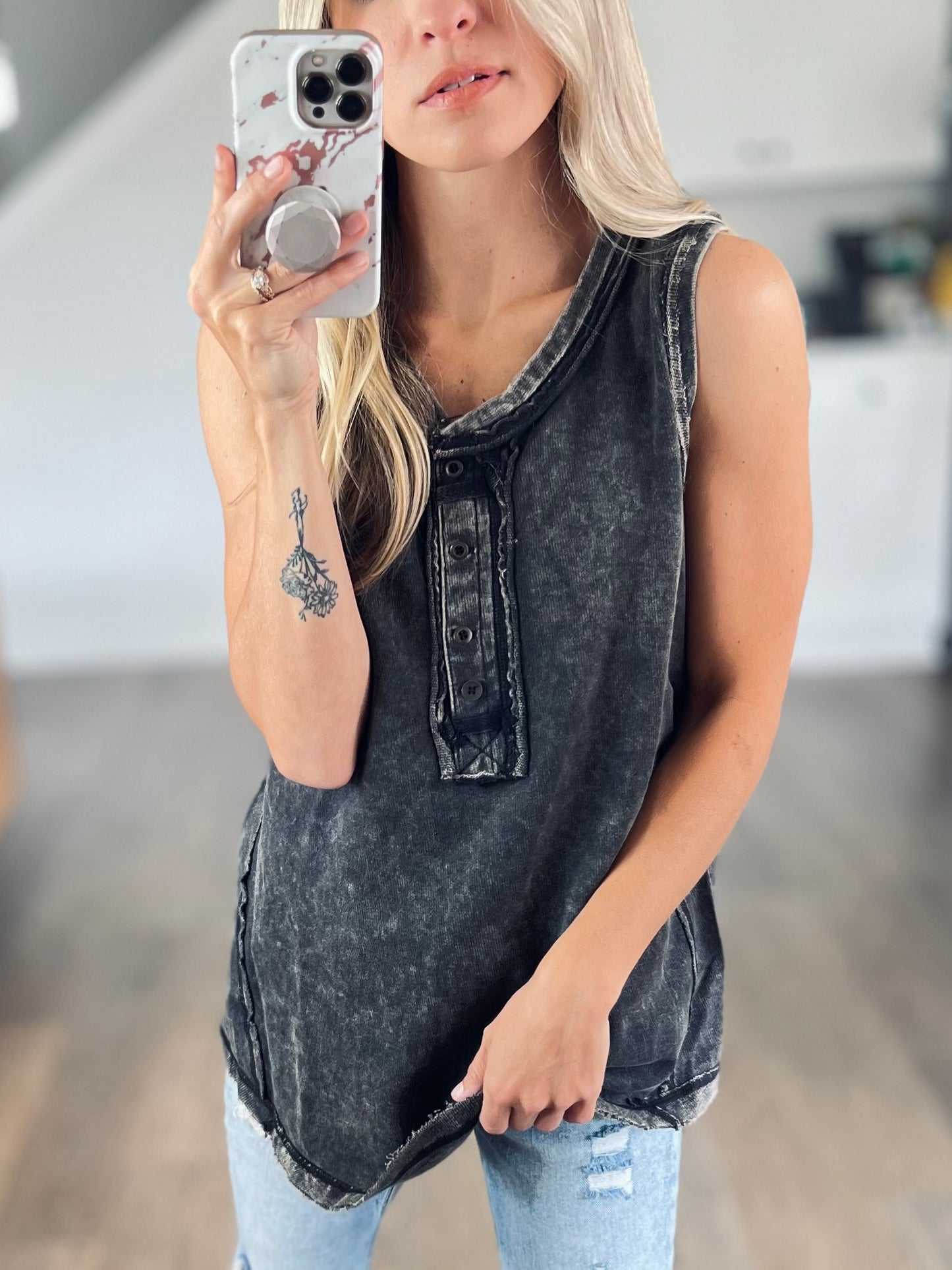 Washed Sleeveless Henley Top in Ash Black