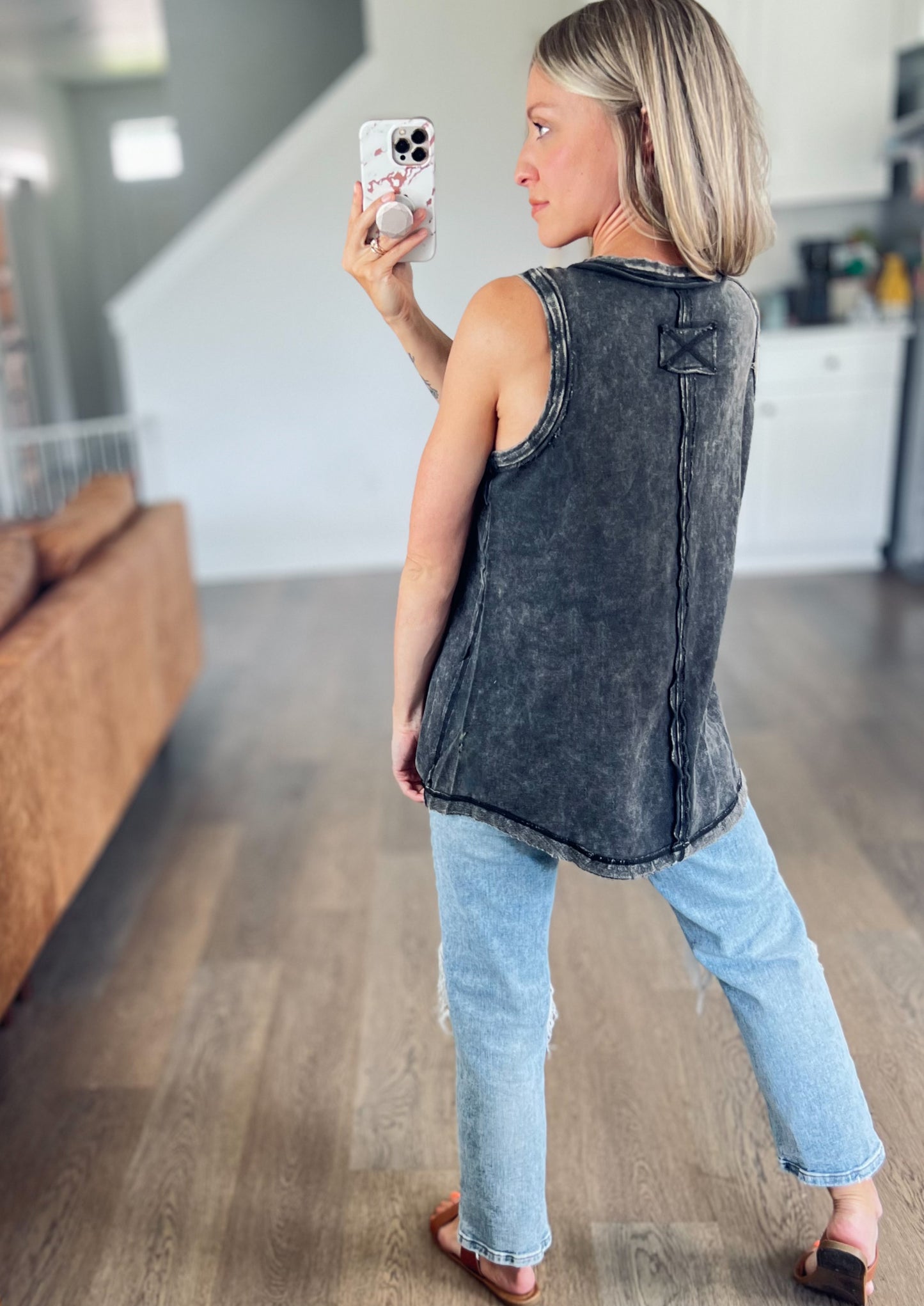 Washed Sleeveless Henley Top in Ash Black