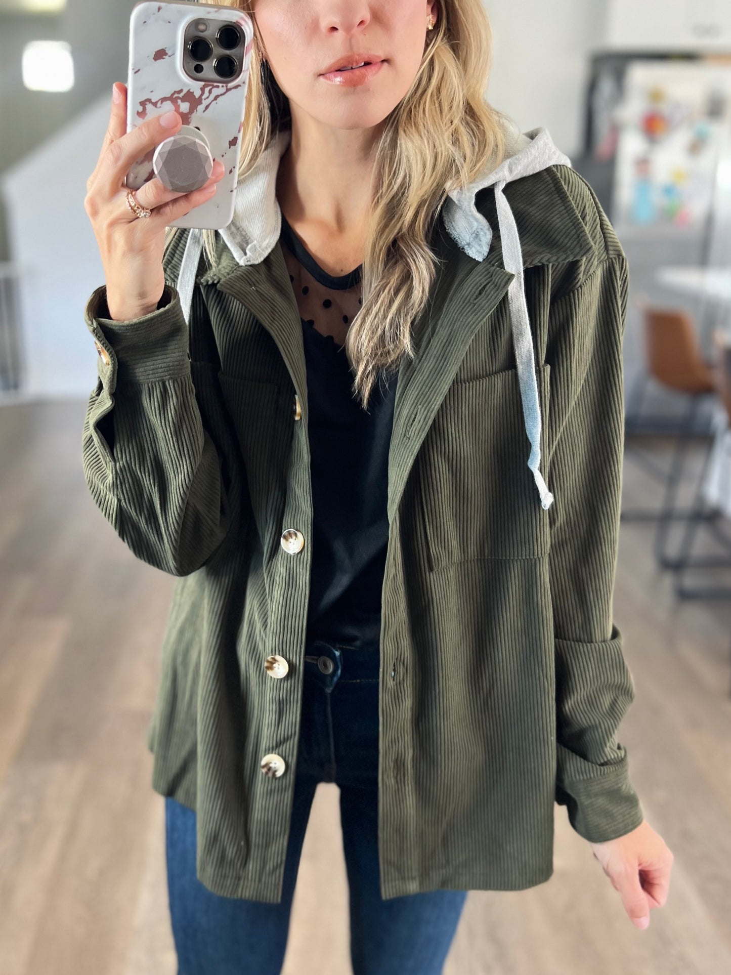 Cord Drawstring Button Up Hooded Shacket