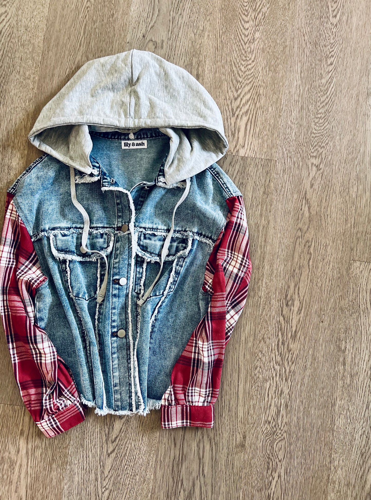 *free ship today* Jean Meets Plaid Hooded Jacket