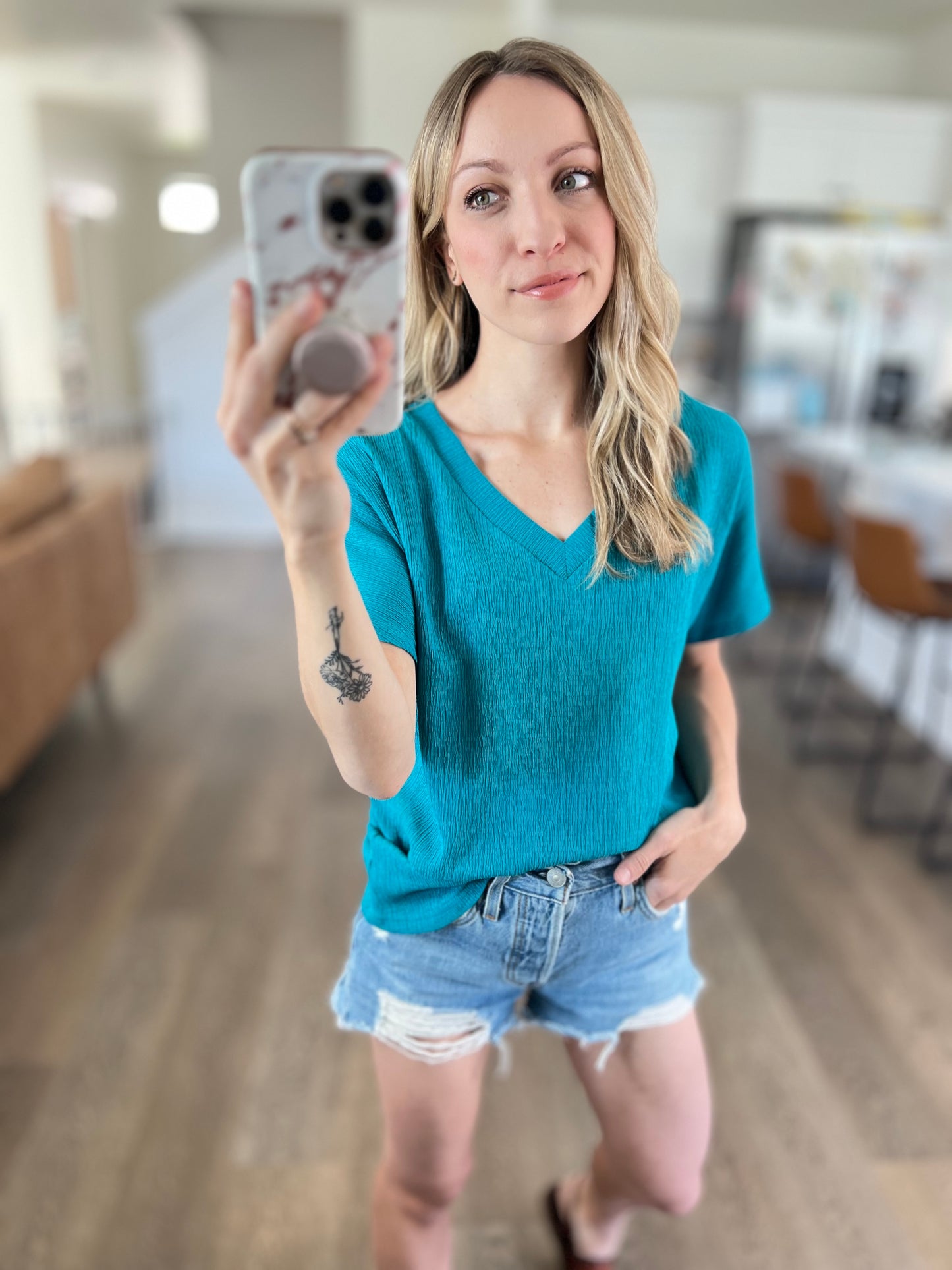 Textured V-Neck Blouse in Teal