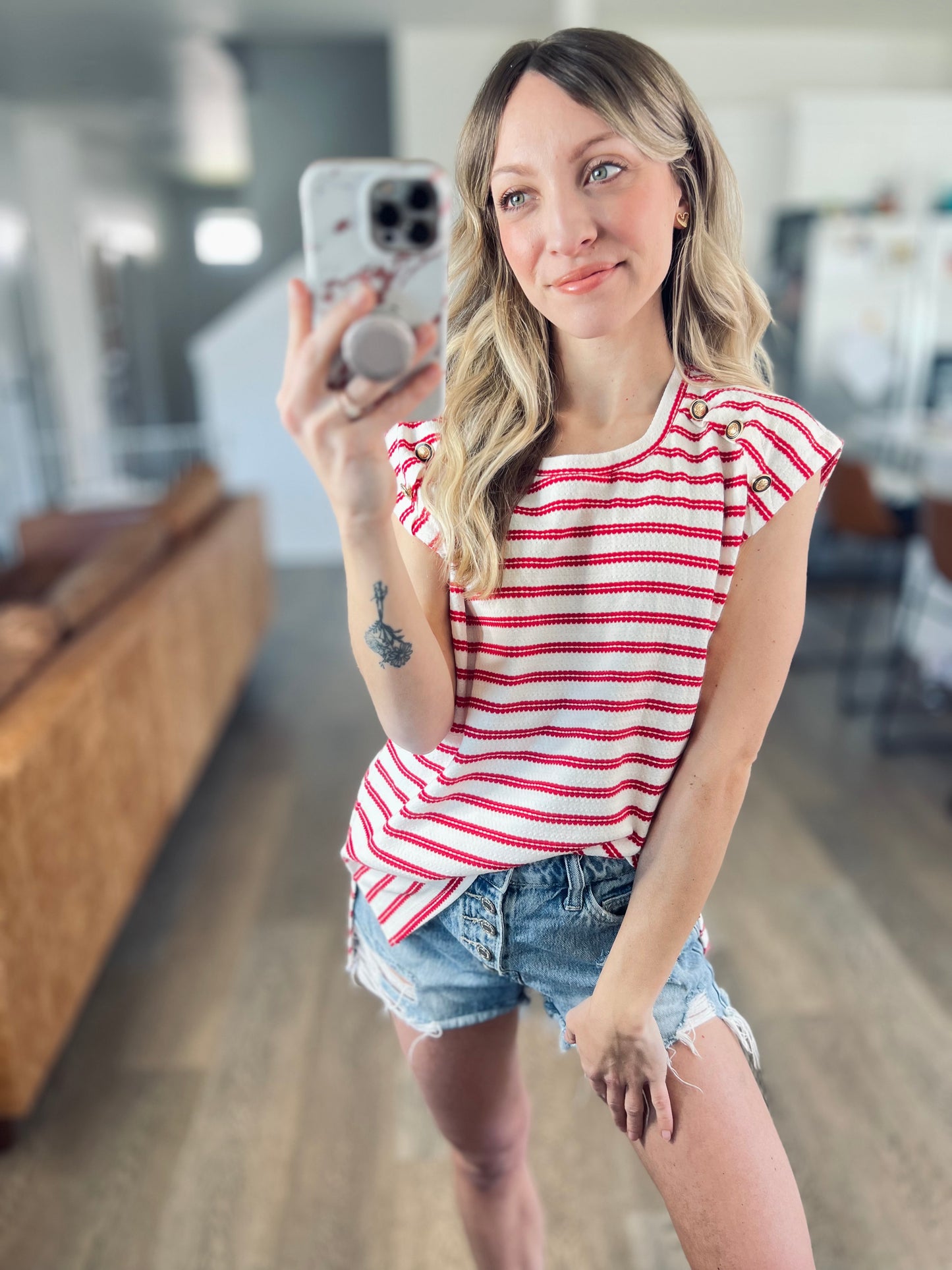 Red Stripe Button Top
