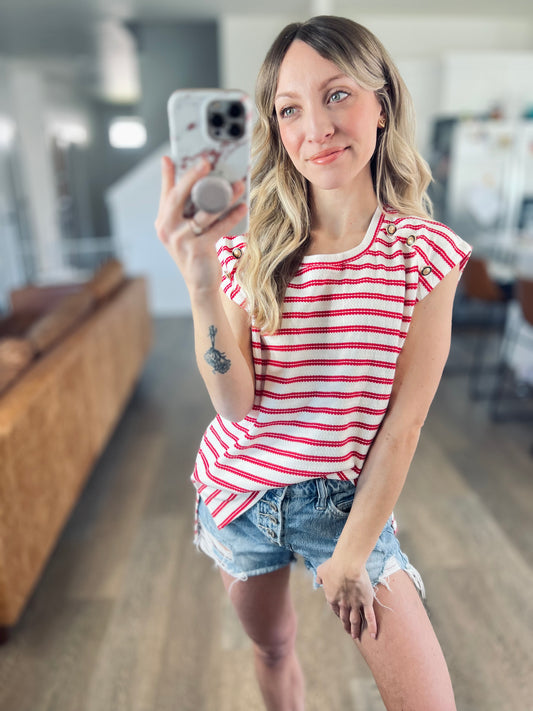 Red Stripe Button Top