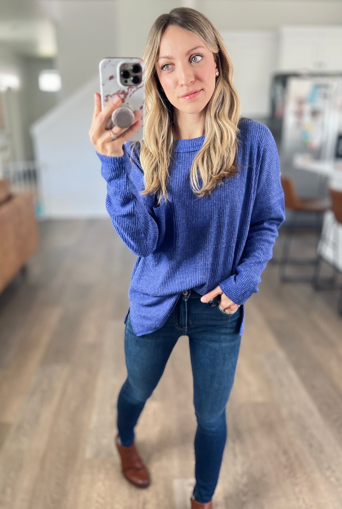 Lonnie Ribbed Knit Sweater in Bright Blue