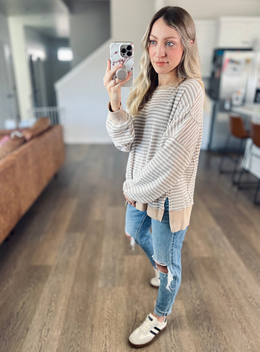 *free ship today* Relaxing Khaki Stripe Waffle Top