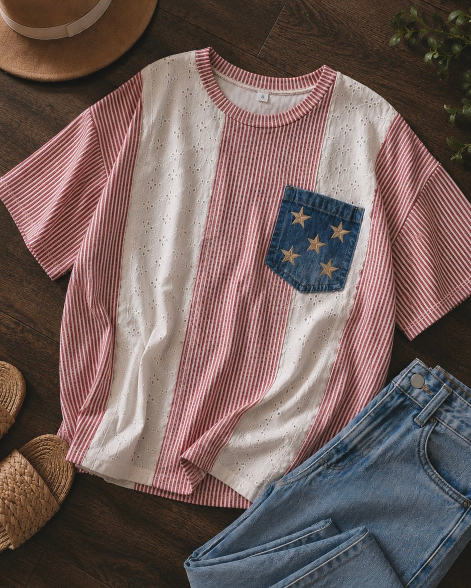 Stars and Stripes Eyelet Pocket Top