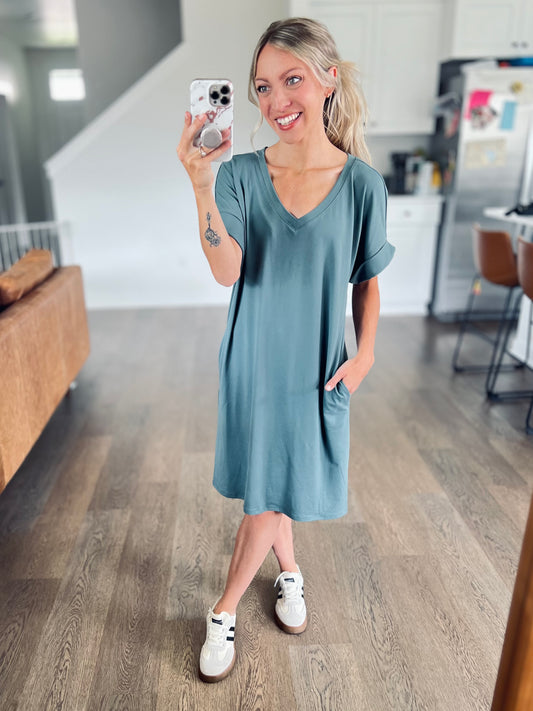 V-Neck Classic Dress in Ash Jade