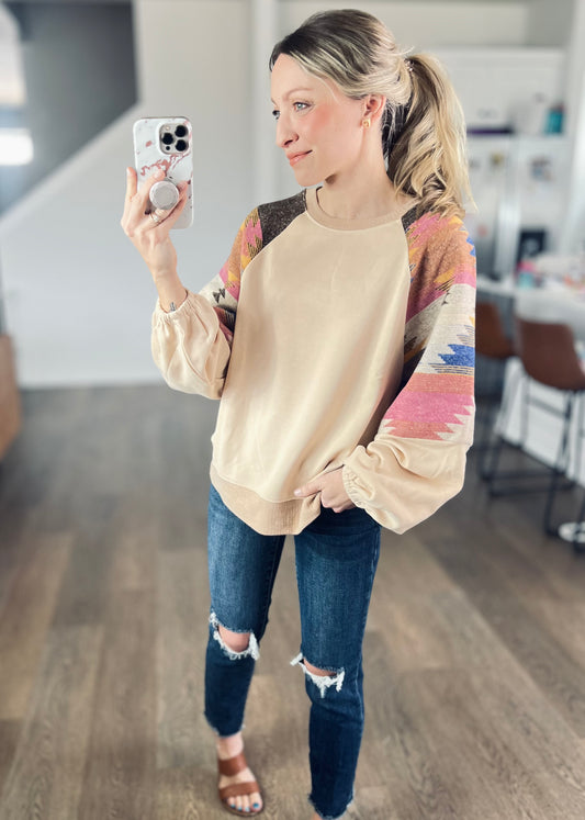 French Beige Aztec Pullover