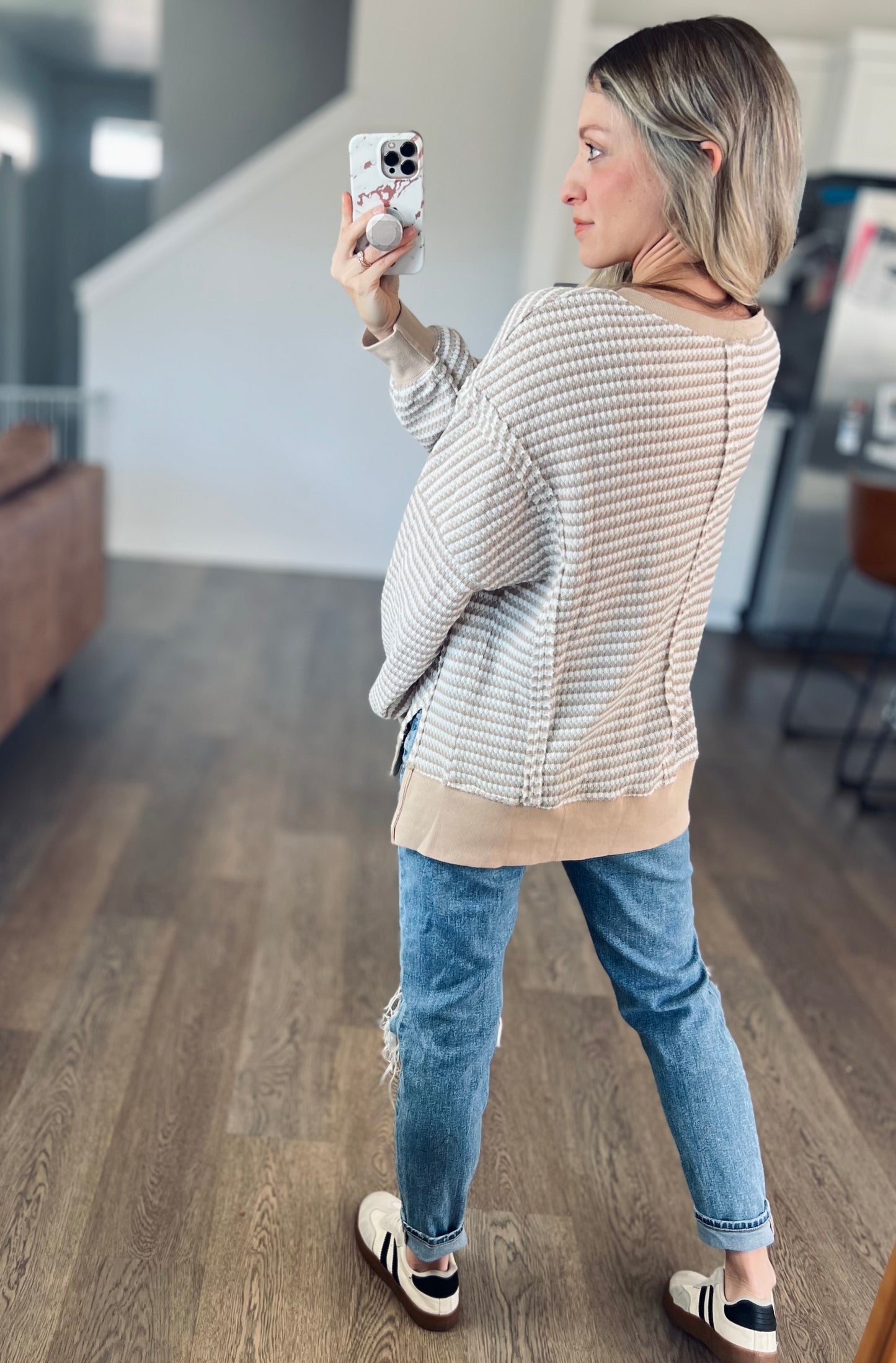 *free ship today* Relaxing Khaki Stripe Waffle Top