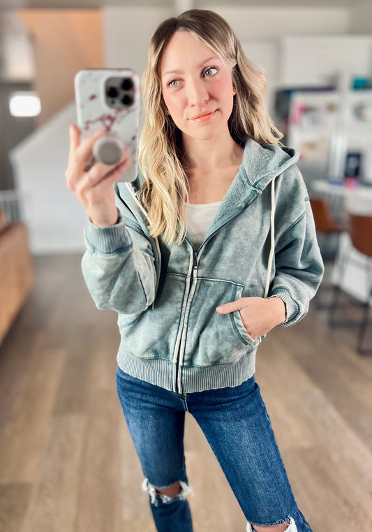 All in the Cozy Vintage Wash Hoodie in Jade