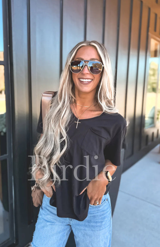 PREORDER: Soft Style V Neck Pocket Tee in Black // eta Jan